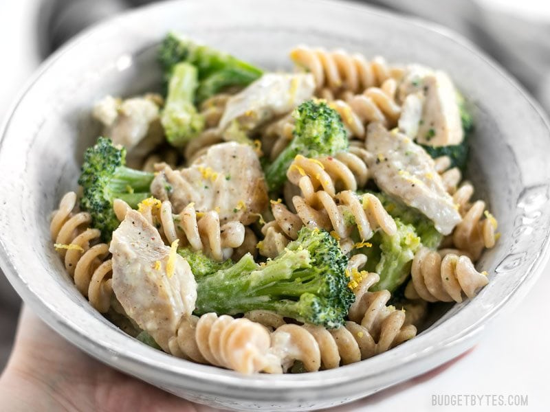 Front close up of a bowl of Chicken and Broccoli Pasta with Lemon Cream Sauce