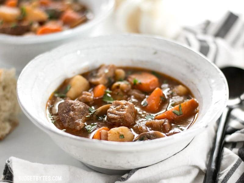 Front view of two bowls of Instant Pot Beef Stew