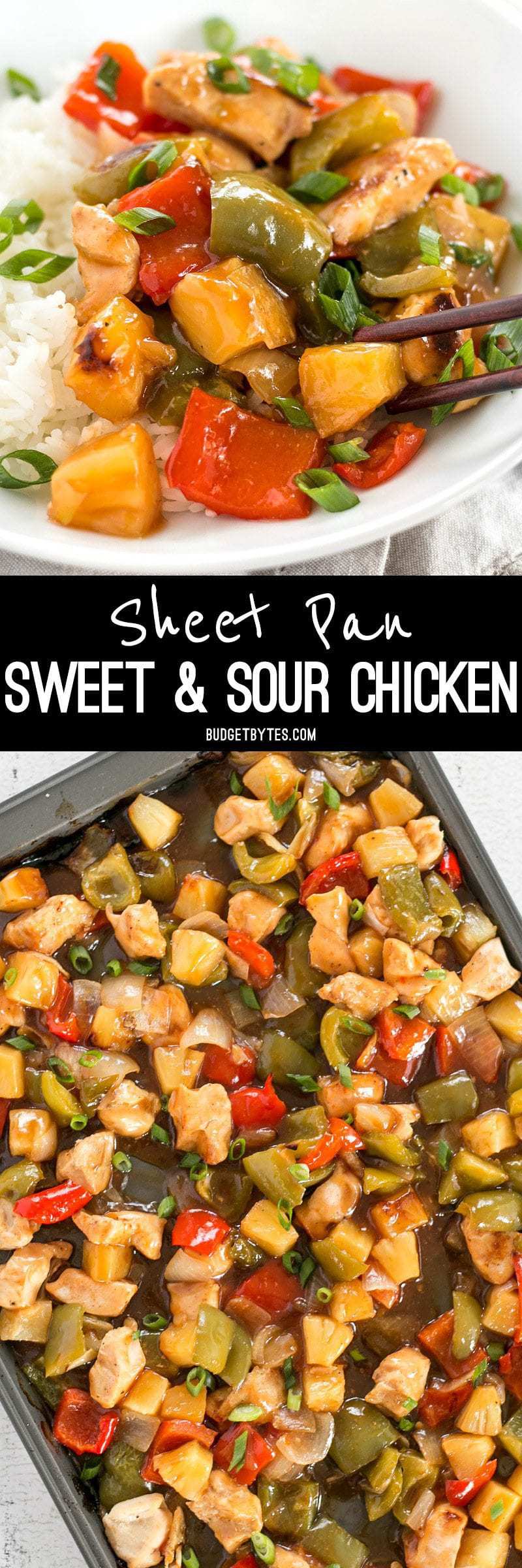 This oven baked Sheet Pan Sweet and Sour Chicken is a little more forgiving than a fast moving, high heat stir fry, making it great for beginners! BudgetBytes.com