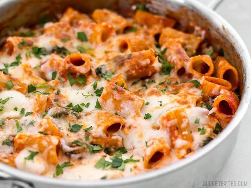 Close side view of Cheesy Rigatoni Skillet 