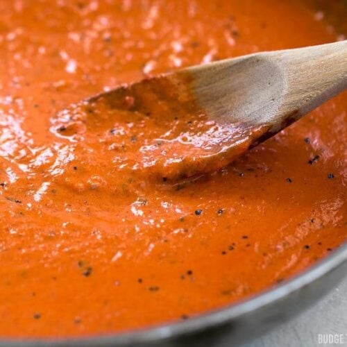 Creamy Roasted Red Pepper Sauce is a great alternative to tomato based sauces for pasta, pizzas, or just for dipping your favorite crusty bread. BudgetBytes.com