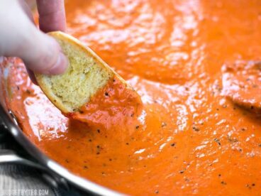 Creamy Roasted Red Pepper Sauce is a great alternative to tomato based sauces for pasta, pizzas, or just for dipping your favorite crusty bread. BudgetBytes.com