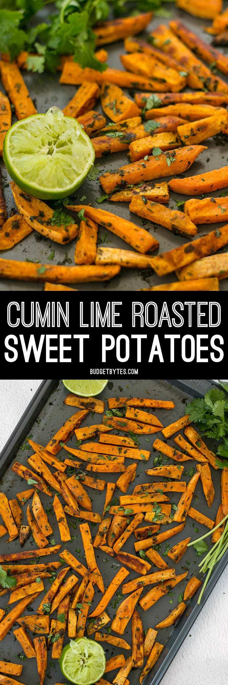 Bright lime juice and earthy cumin pair perfectly with the subtle creamy sweetness of sweet potatoes in these Cumin Lime Roasted Sweet Potatoes. BudgetBytes.com