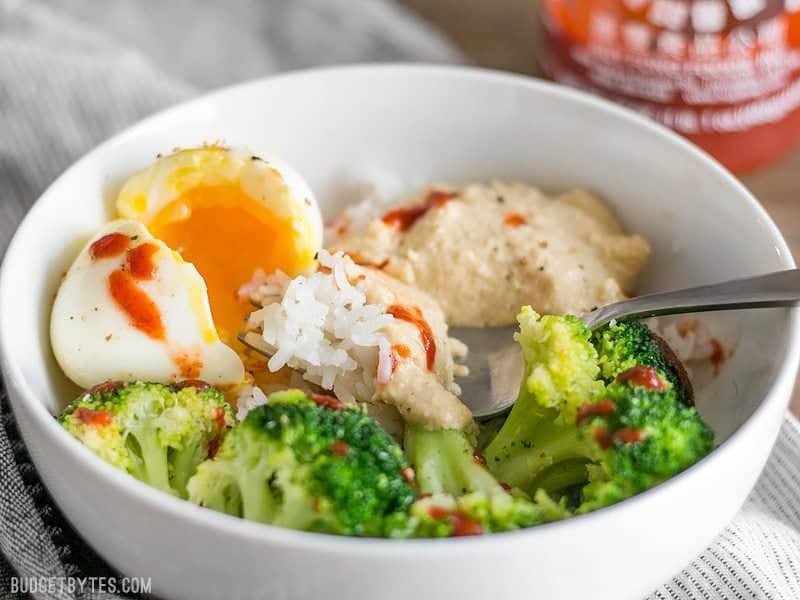 Side view of a forkful of Hummus Breakfast Bowl