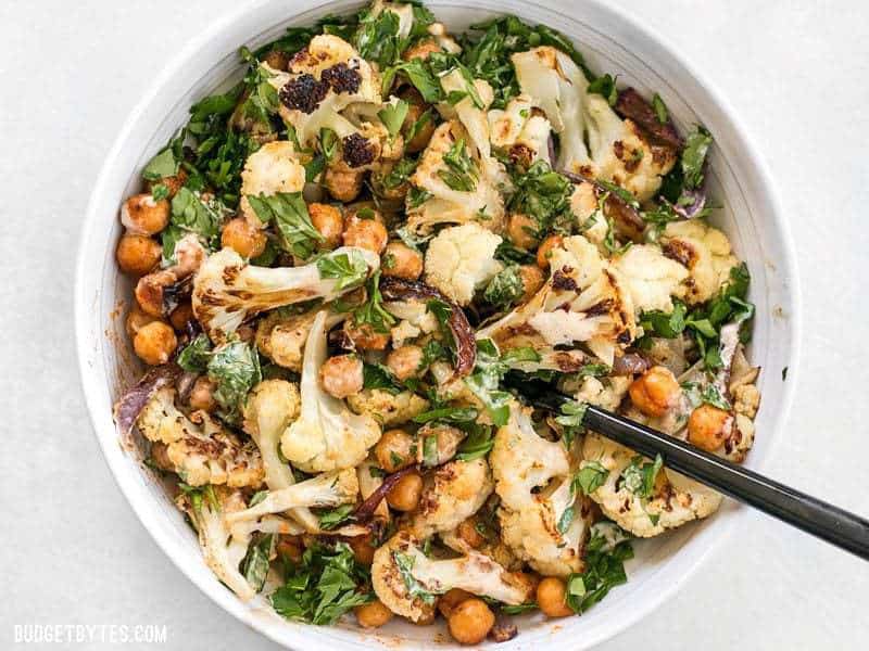 A stirred bowl of Roasted Cauliflower Salad