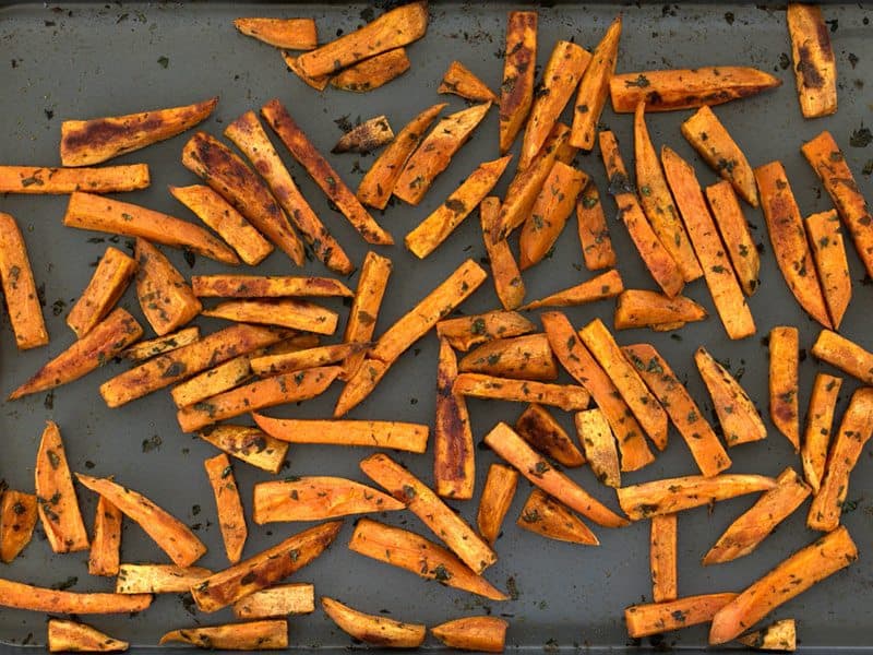 Roasted Cumin Sweet Potatoes just out of the oven, on the baking sheet