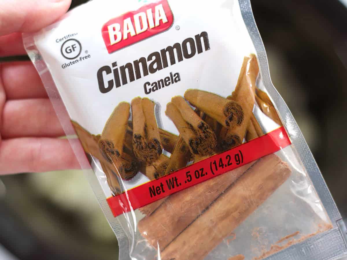 Close up of a bag of Badia cinnamon sticks.