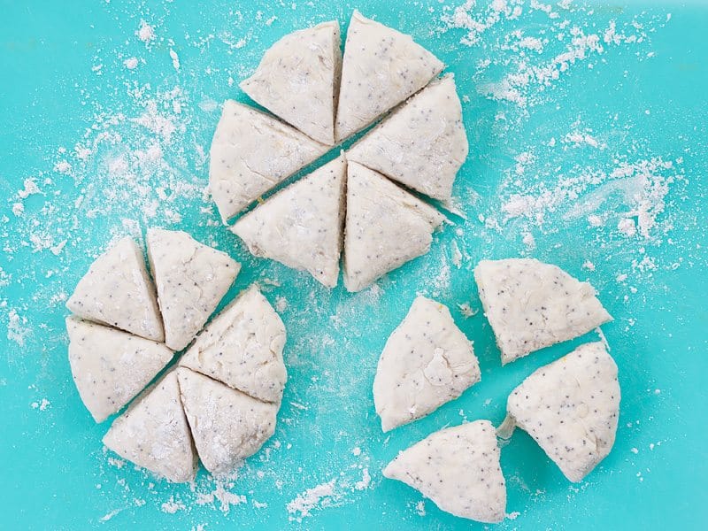 Scone dough divided into three discs, then cut into six wedges each