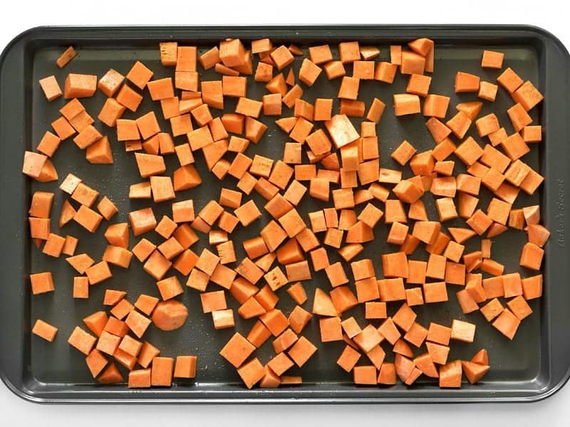 Diced Sweet Potatoes on a baking sheet