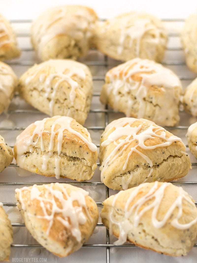 Lemon poppy seed two-bite scones cooling on a wire cooking rack