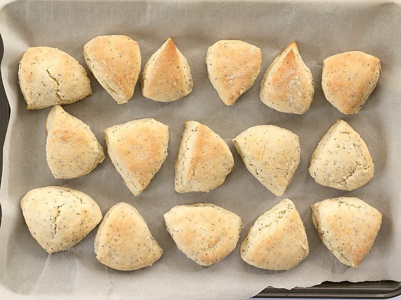 Baked Two-Bite Scones on a parchment lined baking sheet