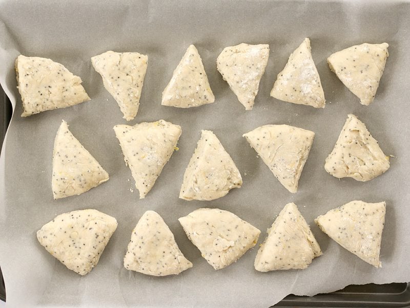 Scones ready To bake on a parchment lined baking sheet