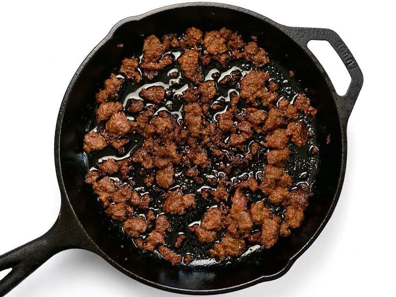 Browned Chorizo in a cast iron skillet