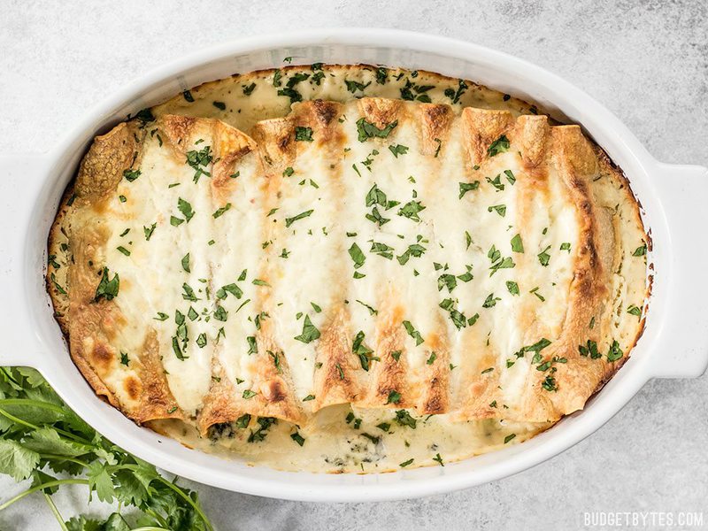 Finished spinach white bean enchiladas in the casserole dish from above