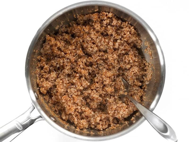 Cooked Bulgur in sauce pot