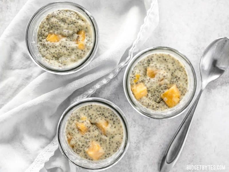 Finished Mango Coconut Chia Pudding in jars from above