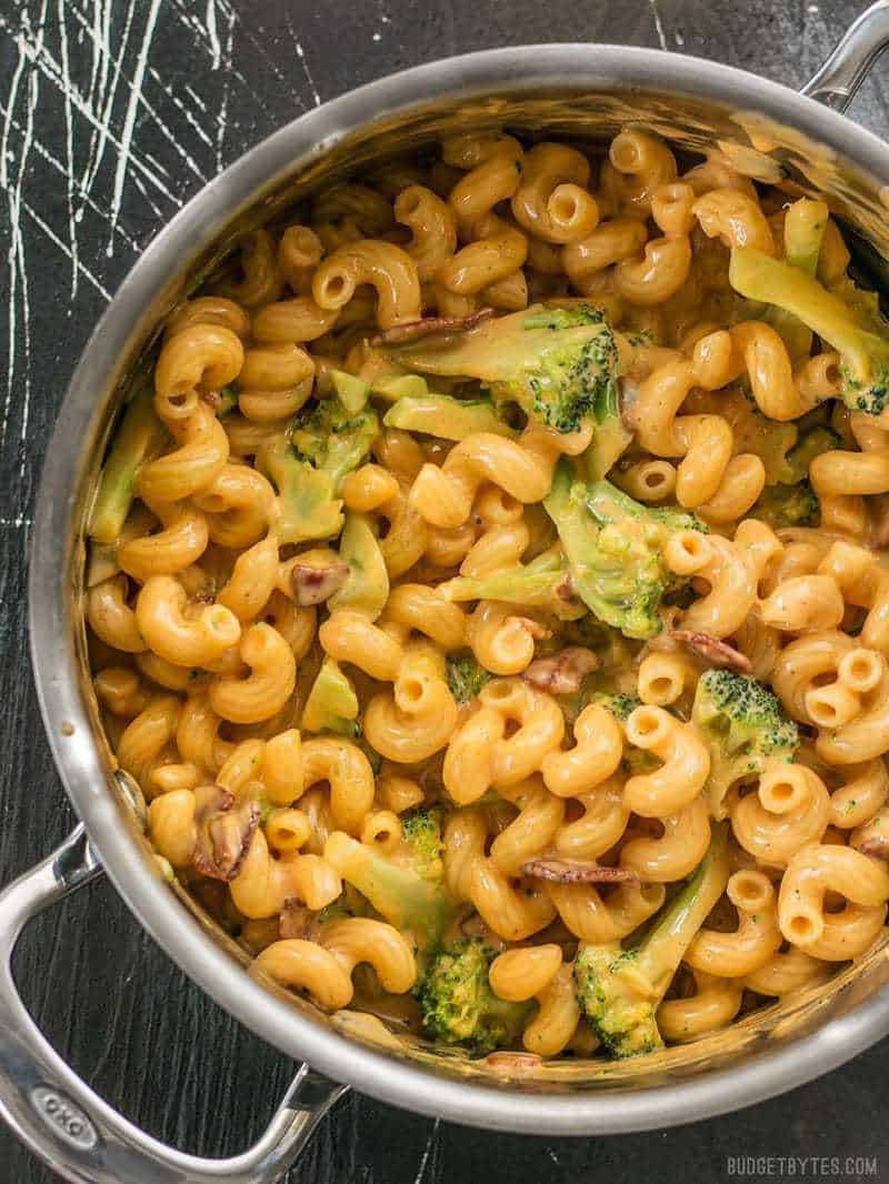 Overhead shot of the pot full of Bacon Broccoli Mac and Cheese