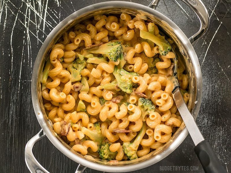 Overhead shot of a pot full of One Pot Bacon Broccoli Mac and Cheese