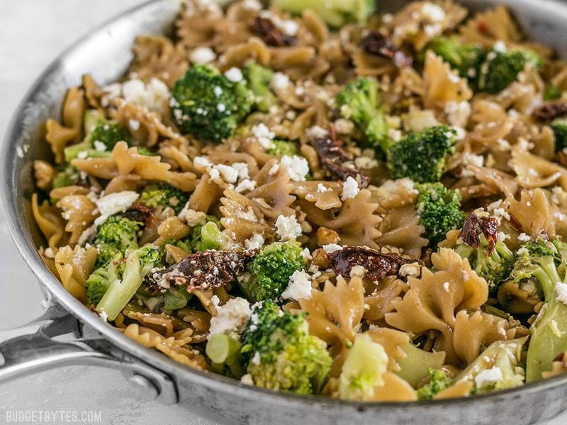 Skillet Pasta with Sun Dried Tomatoes Walnuts and Feta viewed from the side