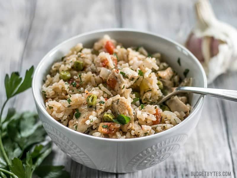 Chimichurri Chicken and Rice in a bowl with a fork