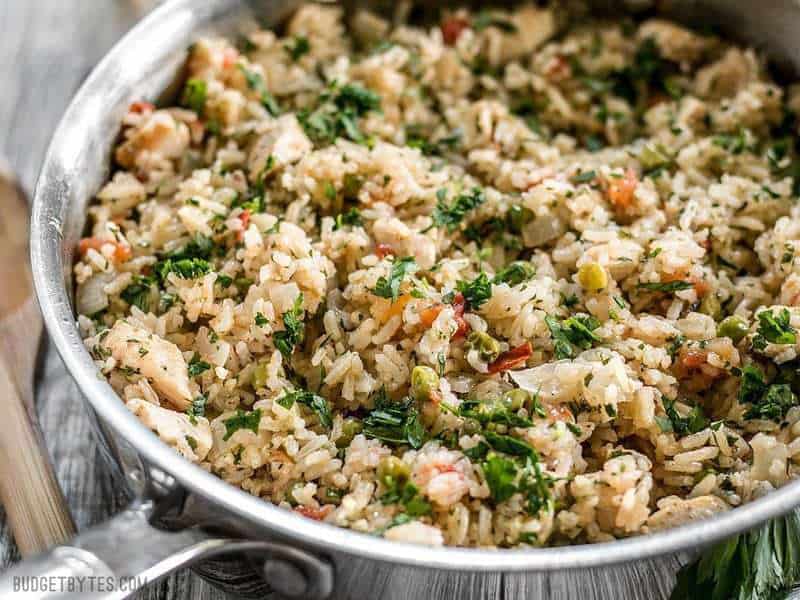 Chimichurri Chicken and Rice in the skillet viewed from the side