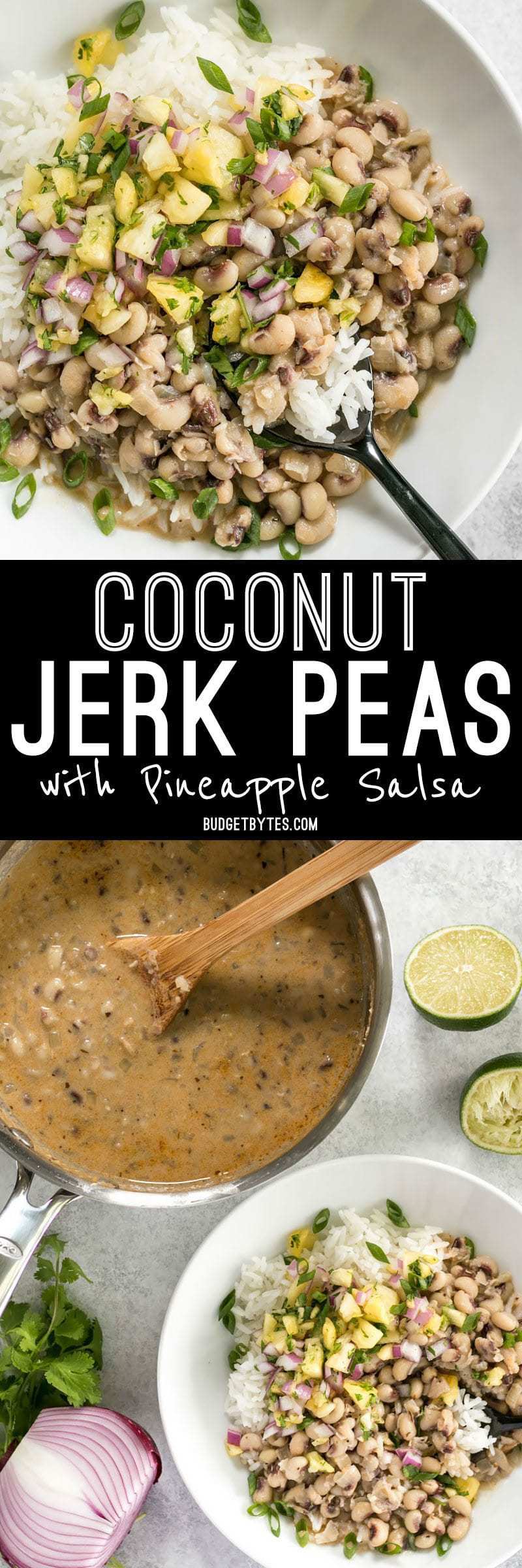 These rich and spicy Coconut Jerk Peas are super simple to make and pair brilliantly with a sweet and vibrant pineapple salsa. BudgetBytes.com