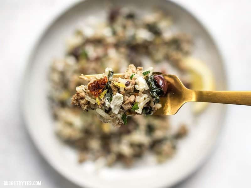 Close view of a forkful of Greek turkey and rice skillet