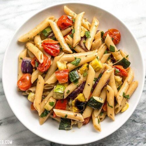 This classic summer Grilled Vegetable Pasta Salad features smoky fire licked vegetables and a homemade creamy balsamic vinaigrette. BudgetBytes.com