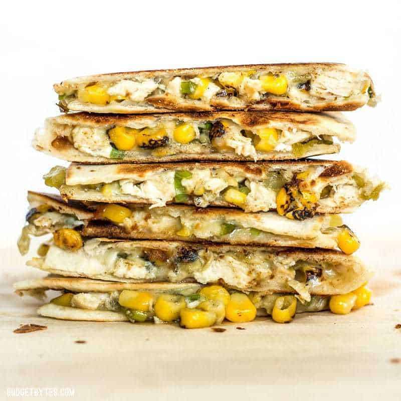 A stack of Roasted Corn Quesadillas viewed from the side