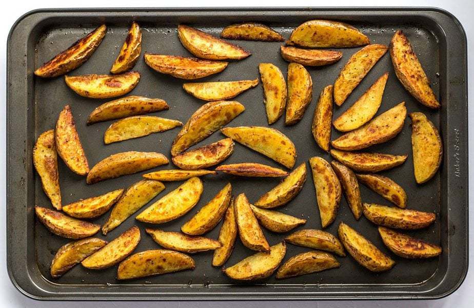 Roasted Potato Wedges on the baking sheet