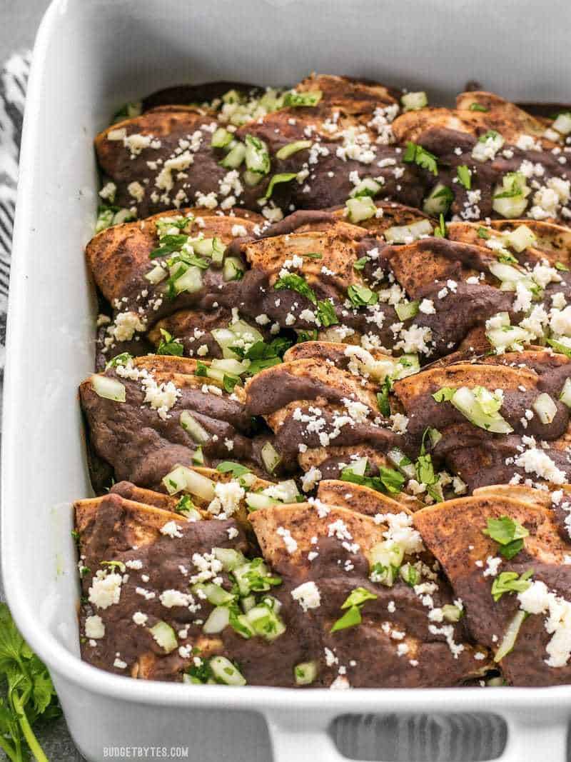 Enfrijoladas in the casserole dish from the front garnished with cheese and green onion