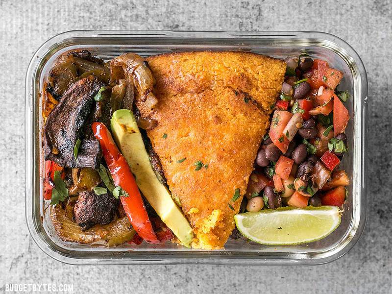 Close up of one smoky chipotle portobello fajita meal prep container