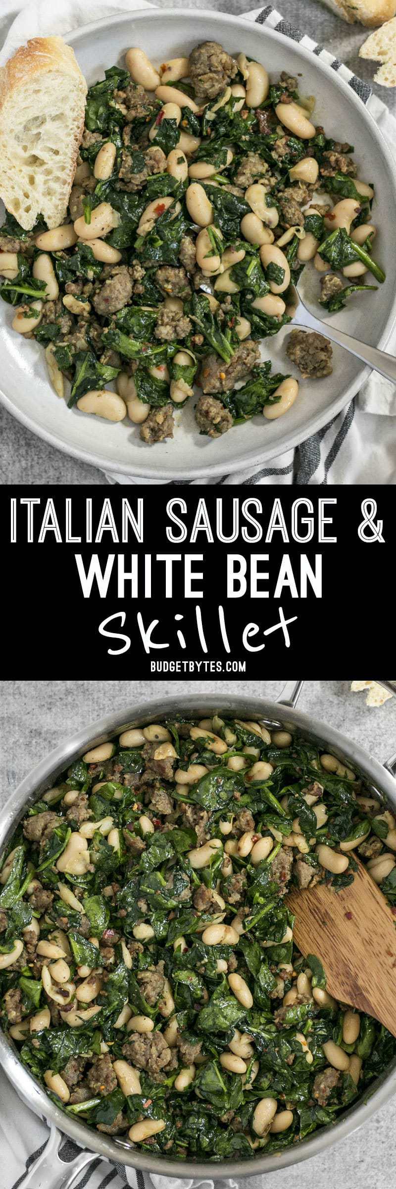 It doesn't get easier than this high protein, high fiber, high FLAVOR Italian Sausage and White Bean Skillet! BudgetBytes.com