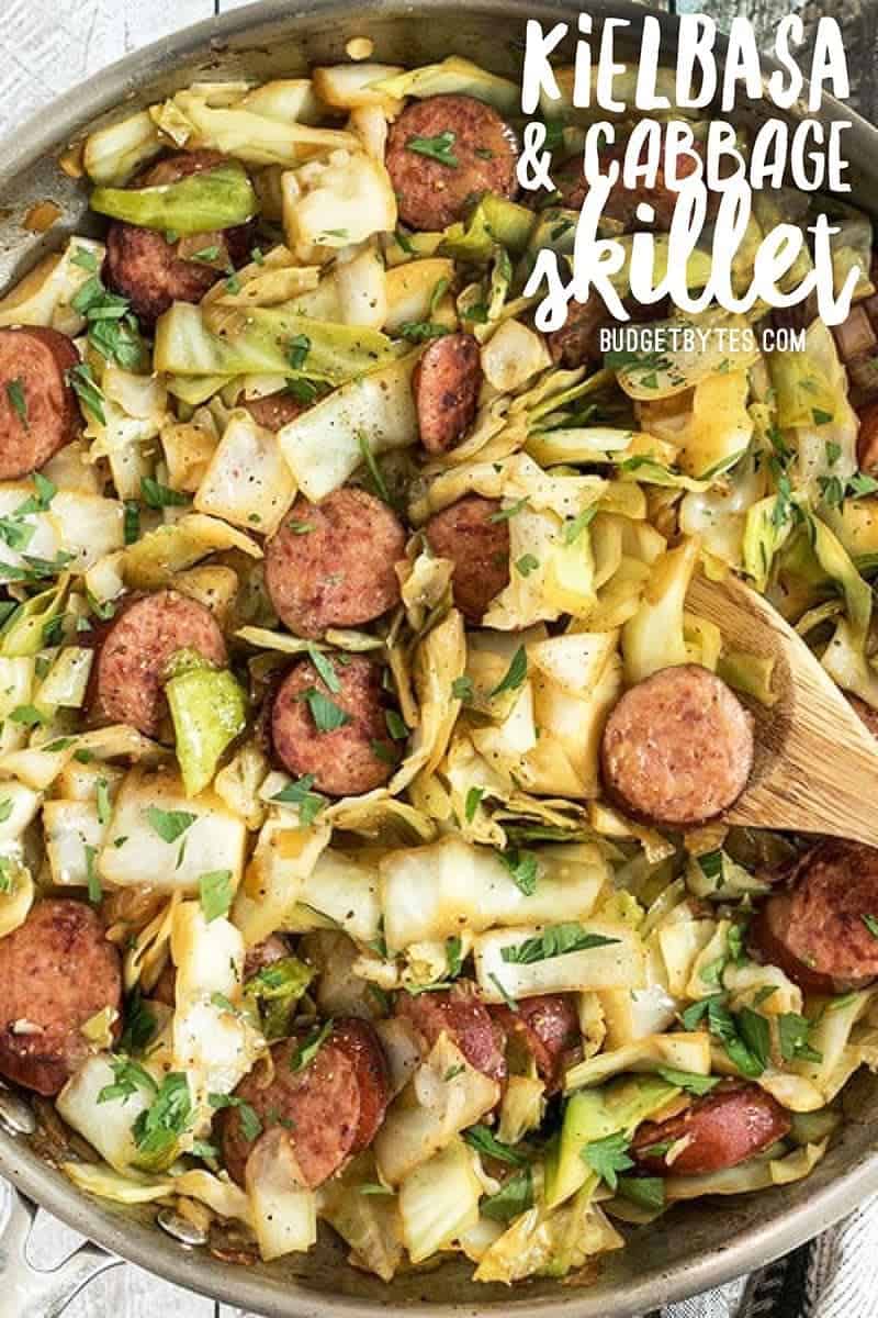 This Kielbasa and Cabbage Skillet is a fast and hearty weeknight dinner full of fiber and flavor! Serve with noodles or as is for a lower carb meal. Budgetbytes.com