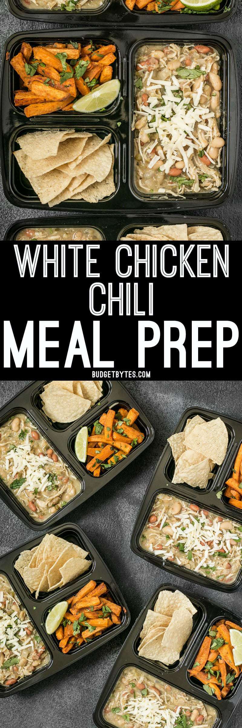 This White Chicken Chili Meal Prep includes a slow cooker chili with Cumin Lime Roasted Sweet Potatoes and tortilla chips for dipping! BudgetBytes.com