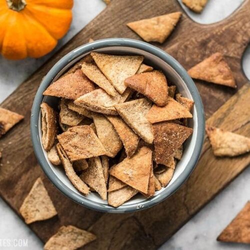 These Cinnamon Pita Crisps are a tasty little snack that's perfect for fall. Dip them into your favorite sweet treat or eat them on their own. BudgetBytes.com