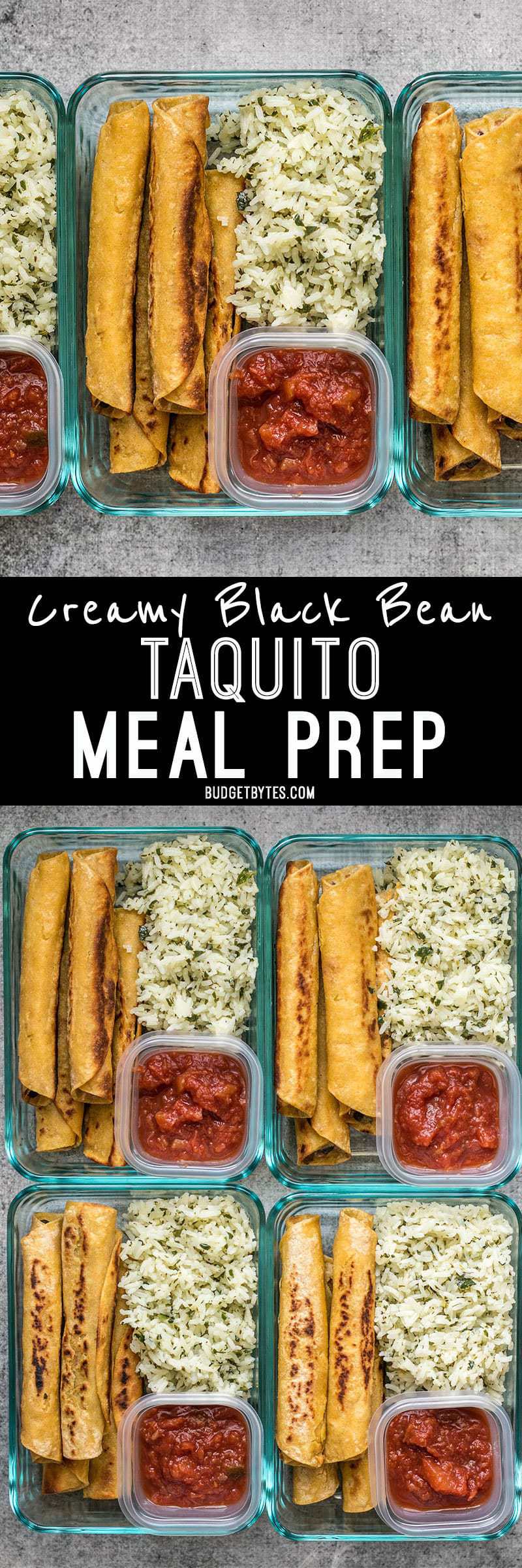 Creamy Black Bean Taquitos pair with tangy Cilantro Lime Rice for a simple and satisfying meal prep. BudgetBytes.com