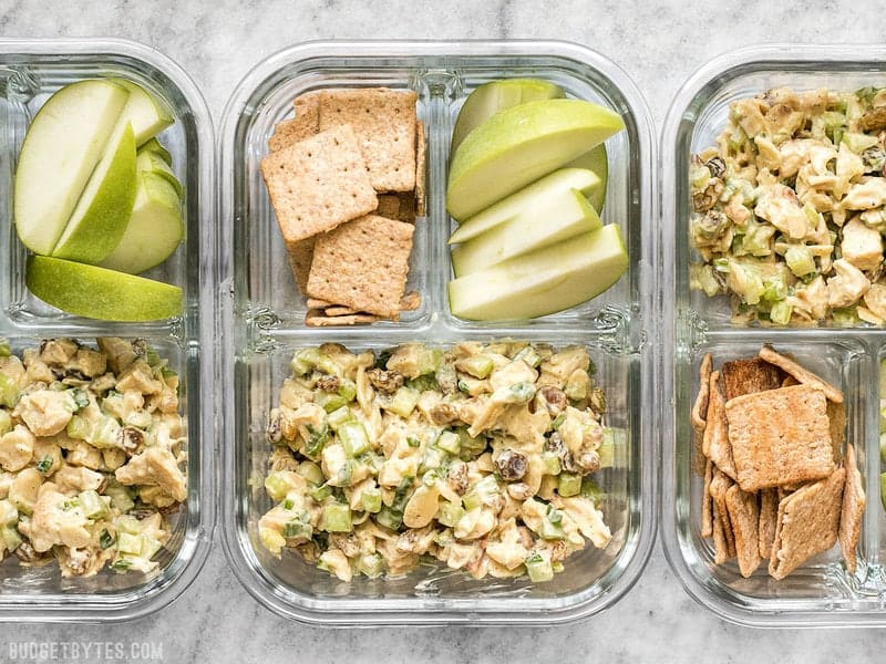 Three Curry Chicken Salad meal prep containers in a row