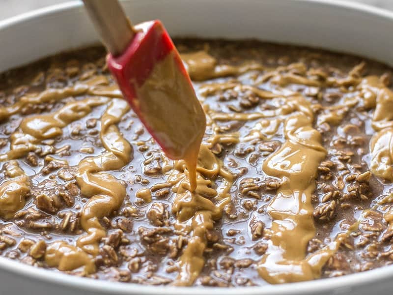 Drizzle Peanut Butter Over unbaked Peanut Butter Brownie Oatmeal