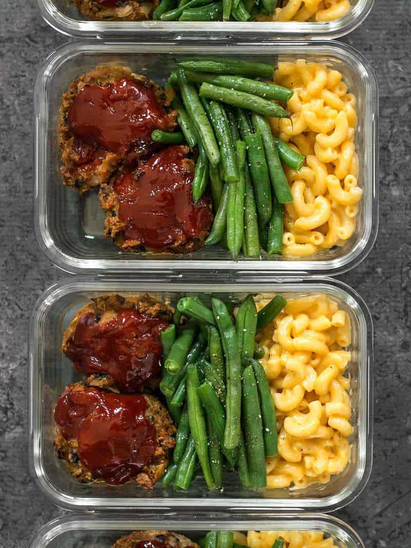 Four glass Garden Vegetable Turkey Loaf Meal Prep containers in a row