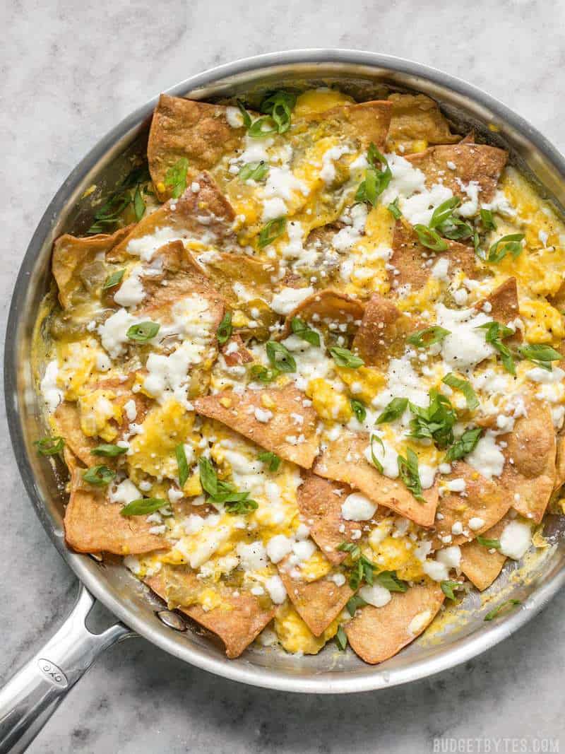 Green Chile Migas is a fast and inexpensive egg dish that is flavorful and filling any time of day, not just for breakfast! BudgetBytes.com