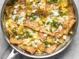 Green Chile Migas is a fast and inexpensive egg dish that is flavorful and filling any time of day, not just for breakfast! BudgetBytes.com