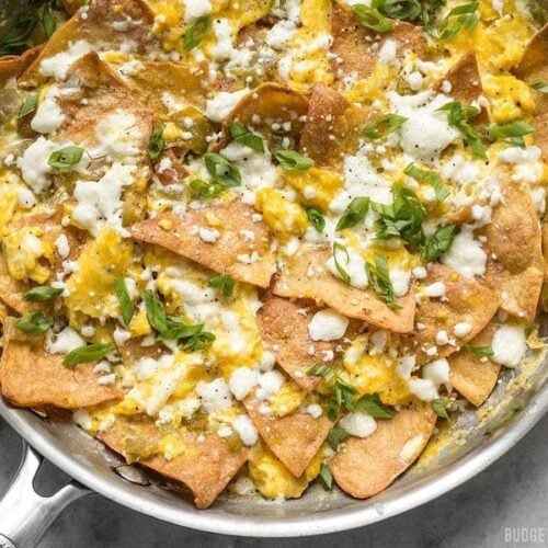 Green Chile Migas is a fast and inexpensive egg dish that is flavorful and filling any time of day, not just for breakfast! BudgetBytes.com