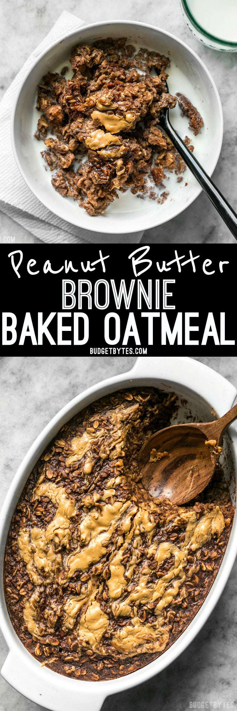 This Peanut Butter Chocolate Baked Oatmeal is an indulgent-yet-healthy breakfast with rich chocolatey goodness and just a hint of sweetness. BudgetBytes.com