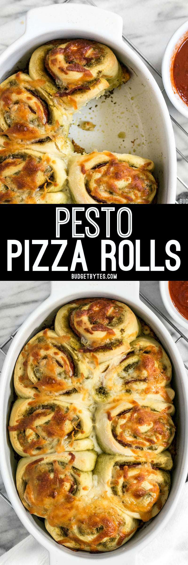 These Pesto Pizza Rolls are a fun way to change up your pizza routine with swirls of cheese, pesto, and pepperoni, plus lots of crispy edges! BudgetBytes.com