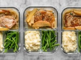 This Apple Spice Pork Chop meal prep is packed with tender and juicy pork chops, creamy mashed potatoes, and bright green beans. BudgetBytes.com