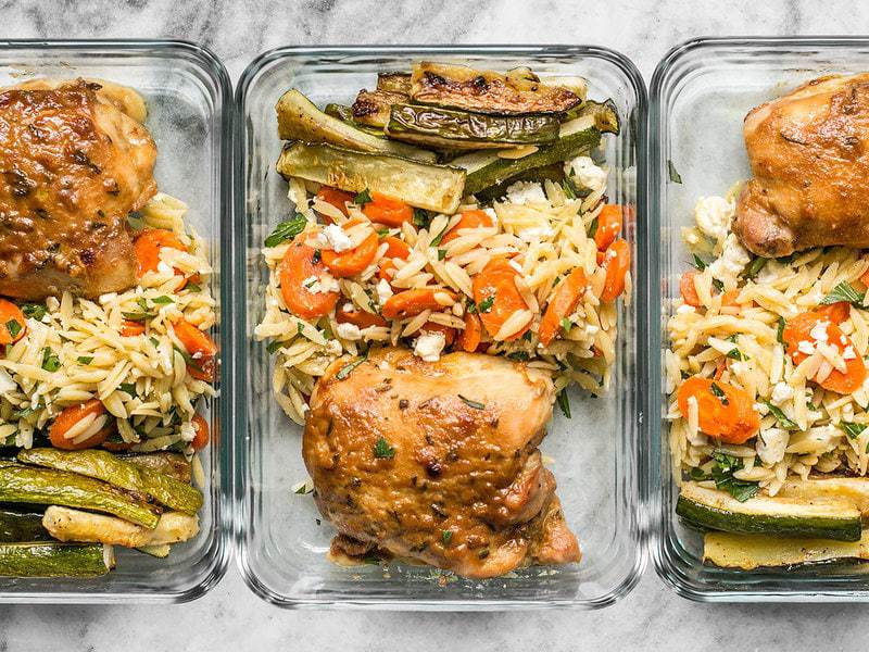 Three Maple Dijon Chicken Thigh Meal Prep containers in a row