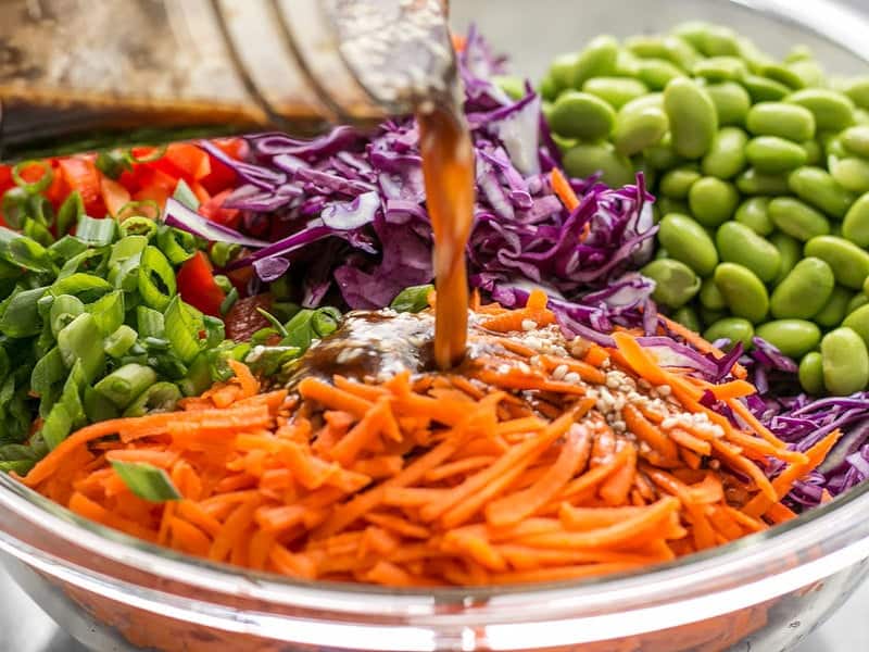 Pour Dressing on Sesame Slaw