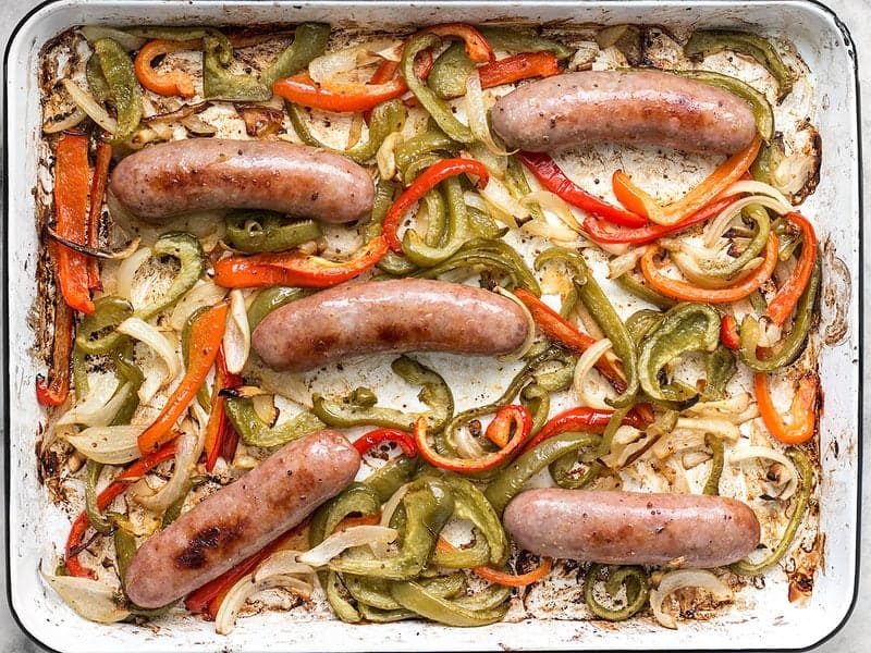 Roasted Bratwurst with Peppers and Onions finished