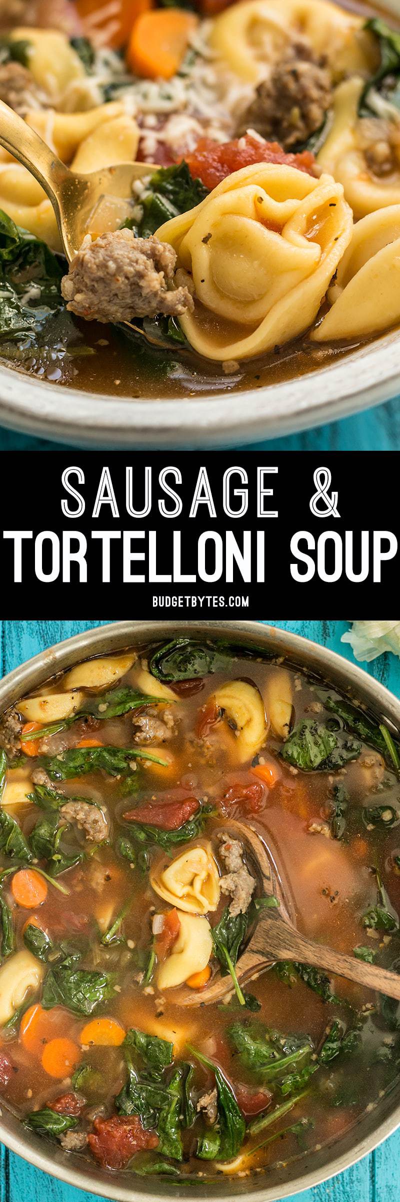 This light but filling vegetable packed Sausage and Tortelloni soup is the perfect lunch for fall. Pair with crusty bread for dipping! BudgetBytes.com